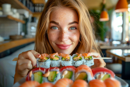 Smiling Young Woman Enjoying Fresh Sushi at a Modern Restaurant - Delight in Healthy Eating and Japanese Cuisine AI Generativeの素材