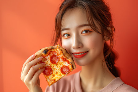 Smiling Young Woman Enjoying a Delicious Slice of Pepperoni Pizza on a Vibrant Red Background AI Generativeの素材