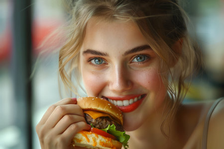 Young Woman Enjoying a Juicy Cheeseburger at a Restaurant, Happy Lifestyle Moment with Fast Food AI Generativeの素材