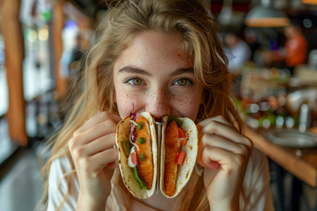 Young Woman Enjoying a Delicious Gourmet Hot Dog in a Casual Restaurant Setting with a Smile AI Generativeの素材