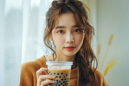 Young Asian Woman Enjoying a Refreshing Bubble Tea in a Cozy Interior Setting with Soft Natural Light AI Generativeの素材