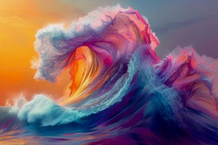 Vibrant Abstract Artwork of Majestic Waves in Motion with Colorful Gradient AI Generativeの素材