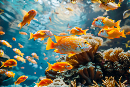 Vivid Orange Fish Amongst Coral Reefs Underwater Scene with Sunlight Filtering Through Ocean Waterの素材