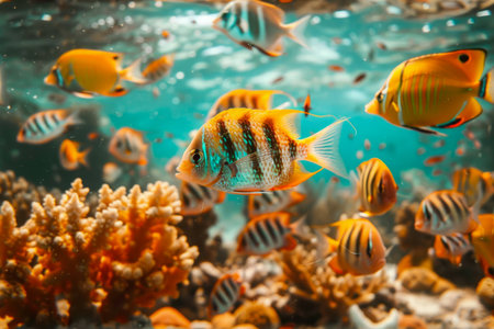 Underwater Scene with Colorful Tropical Fish Swimming Around Coral Reefs in Clear Blue Ocean Watersの素材