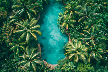 Aerial View of a Serene Tropical River Winding Through a Dense Rainforest with Lush Green Foliageの素材