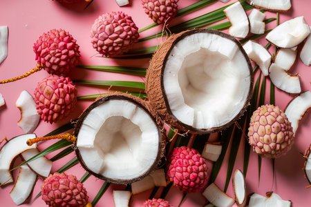 Fresh Tropical Coconuts and Pomegranate on Pink Background - Exotic Fruits and Healthy Snack Concept AI Generativeの素材