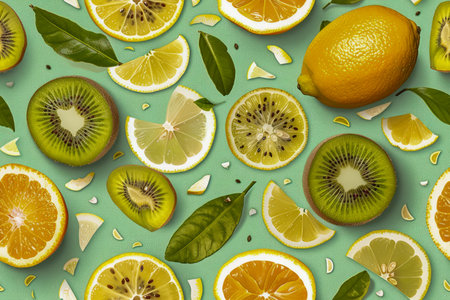 Fresh Citrus Fruits and Kiwi Slices with Mint Leaves on a Vibrant Green Background for Healthy Diet and Summer Refreshment Concept AI Generativeの素材