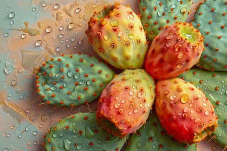 Vibrant Water Droplets on Colorful Prickly Pear Cacti Fruit and Paddles Close-Up Texture Background AI Generativeの素材