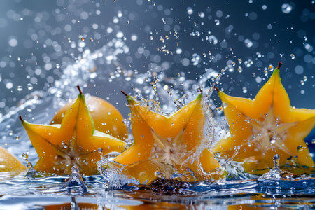 Fresh Yellow Starfruit Splashing Water on Dark Background with Droplets Frozen in Motion AI Generativeの素材