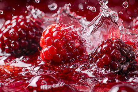 Fresh Raspberries Splashing in Water with Droplets and Red Berries Background, High-Speed Close-Up Photography AI Generativeの素材