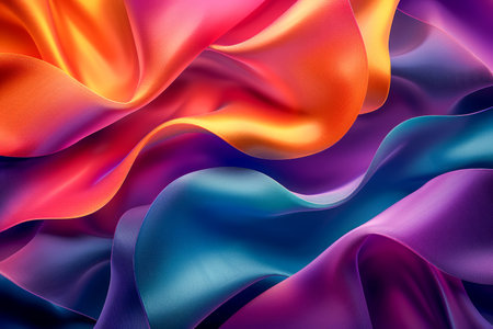Vibrant Silk Fabric Waves in Orange, Purple, and Blue Abstract Background for Creative Design AI Generativeの素材