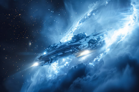 Majestic Spaceship Speeding Through an Intergalactic Nebula with Brilliant Blue Lights and Stars AI Generativeの素材