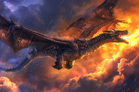Majestic Dragon Swooping in Vibrant Sunset Sky, Fantasy Creature in Flight with Flames AI Generativeの素材