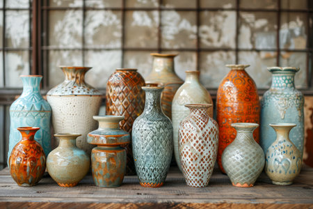 Exquisite Collection of Ceramic Vases in Various Textures and Colors on Wooden Shelf with Vintage Window Background AI Generativeの素材