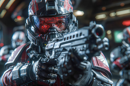 Futuristic Soldier in High Tech Armor Aiming with Advanced Weapon in a Sci Fi Environment AI Generativeの素材