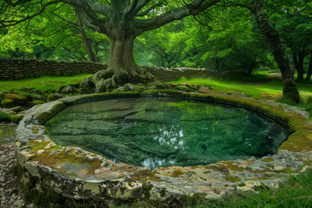 Enchanting Natural Spring in Lush Green Forest Scenery, Crystal Clear Water Surrounded by Ancient Trees and Mossy Rocks AI Generativeの素材