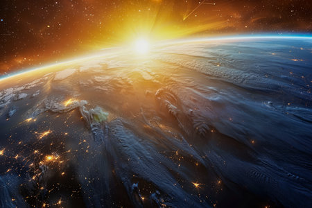 Breathtaking Sunrise Over Planet Earth from Space with Glowing City Lights and Majestic Atmosphere AI Generativeの素材