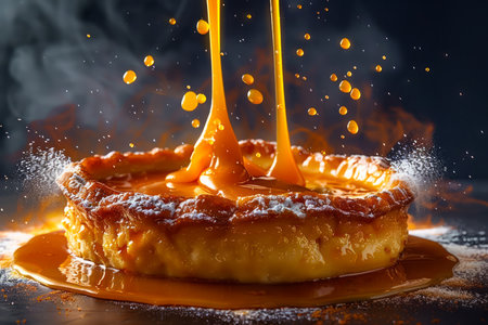 Delicious Caramel Sauce Pouring Over Freshly Baked Flan Dessert with Droplets Suspended in Motion on Dark Background AI Generativeの素材