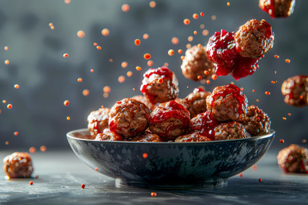 Delicious Meatballs in Mid Air with Splashing Sauce on a Modern Textured Background High Speed Food Photography AI Generativeの素材
