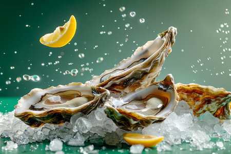 Fresh Oysters on Ice with Lemon Slices and Water Splash on Vibrant Green Background for Culinary Seafood Concepts AI Generativeの素材