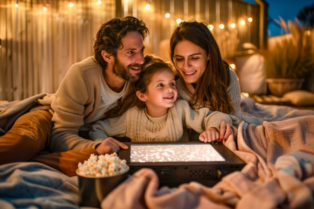 Happy Family Enjoying Movie Night Under Cozy Blanket with Popcorn and Glowing Screen Light AI Generativeの素材