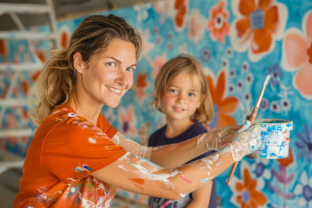 Smiling Woman and Child Enjoying Painting Together in Art Workshop with Vibrant Floral Background AI Generativeの素材