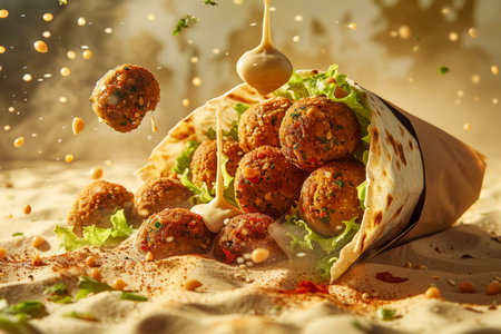 Levitating Falafel Wrap with Tahini Drizzle and Fresh Greens in Sunlight AI Generativeの素材