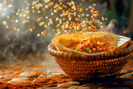 Traditional Woven Basket Holding a Serving of Hot Spicy Couscous with Vegetables, Steam Rising AI Generativeの素材