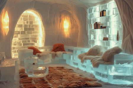 Luxurious Ice Hotel Room Interior with Glowing Walls, Icy Furniture, and Warm Accents AI Generativeの素材