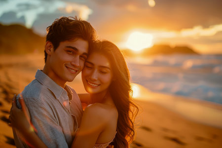 Romantic Young Couple Embracing and Enjoying Sunset on a Sandy Beach Love and Relationships Concept AI Generativeの素材