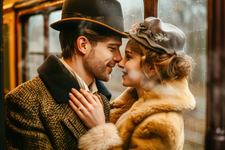 Vintage Styled Couple Embracing Lovingly Near Historic Tram on a Romantic City Outing AI Generativeの素材