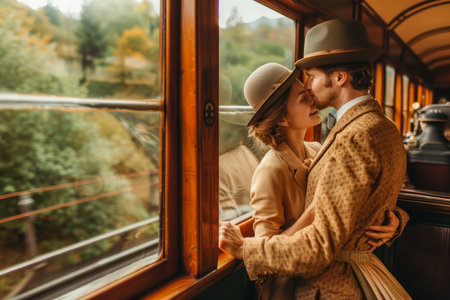 Romantic Vintage Couple Embracing and Kissing by the Window on a Classic Train Journey Through Picturesque Countryside AI Generativeの素材