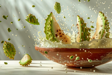 Dynamic Shot of Halved Kiwi Fruit with Splashing Juice and Seeds Against a Light Background AI Generativeの素材