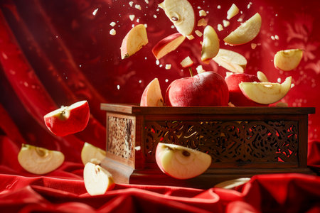 Dynamic Still Life with Red Apple, Flying Slices, and Elegant Wooden Box on Luxurious Red Satin Fabric Background AI Generativeの素材