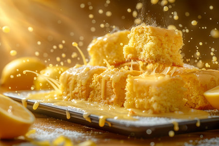 Freshly Baked Lemon Bars Sprinkled with Powdered Sugar on Wooden Board with Sunlight AI Generativeの素材