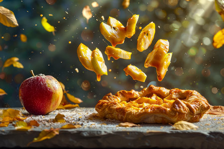 Homemade Apple Pie with Flaky Crust and Flying Slices in Autumn Setting with Falling Leaves AI Generativeの素材