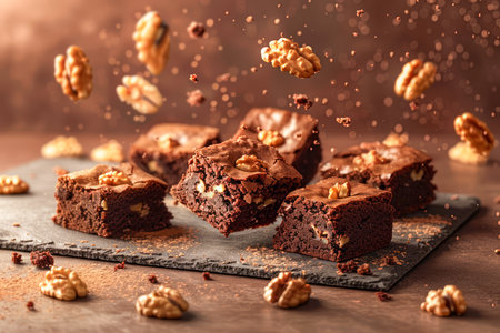 Delicious Freshly Baked Homemade Walnut Brownies on Dark Background with Flying Ingredients AI Generativeの素材