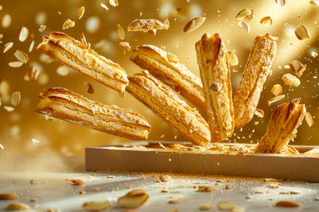 Fresh Baked Puff Pastry Sticks Sprinkled with Sesame Seeds Tumbling in the Air with Golden Crumbs AI Generativeの素材