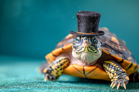Charming Tortoise Dressed as Gentleman with Vintage Top Hat on a Teal Background Quirky Pet Concept AI Generativeの素材
