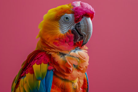 Colorful Macaw Parrot Profile Portrait on Vibrant Pink Background, Exotic Bird With Bright Plumage AI Generativeの素材