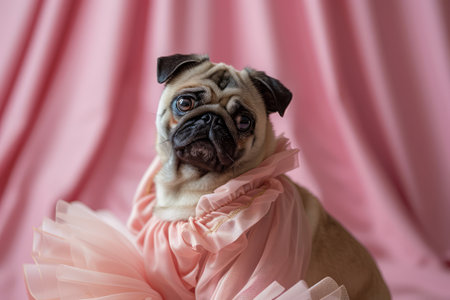 Adorable Pug Dog Dressed in Elegant Pink Tulle Skirt and Scarf Posing with Charming Expression on Pastel Background AI Generativeの素材