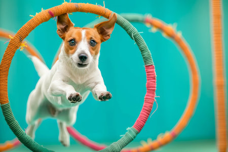 Energetic Jack Russell Terrier Jumping Through Colorful Hoops in Agility Training at Pet Sports Competition AI Generativeの素材