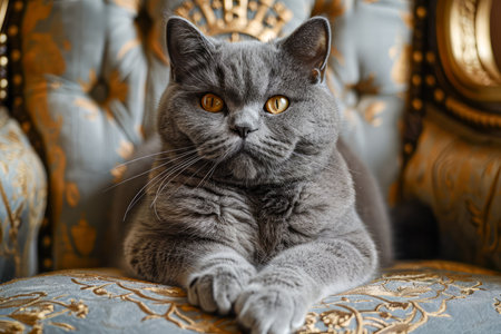 Majestic British Shorthair Cat Lounging on Elegant Vintage Chair with Ornate Patterns AI Generativeの素材