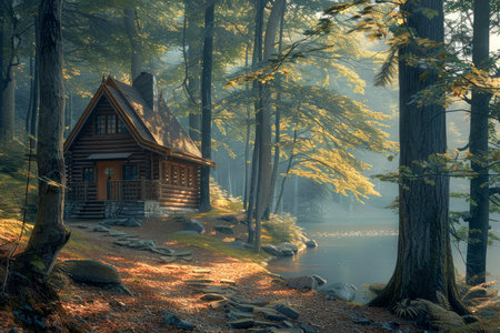 Idyllic Cabin Retreat in Serene Forest by Tranquil Lake with Golden Morning Light and Mist AI Generativeの素材
