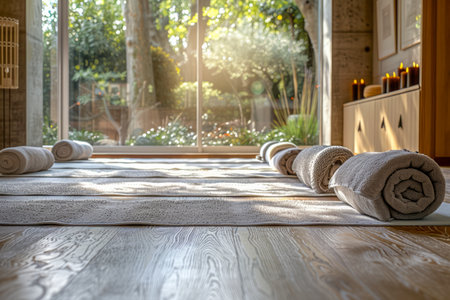 Serene Yoga Studio Interior with Natural Light and Towels on Wooden Floor Looking Out to Green Trees AI Generativeの素材