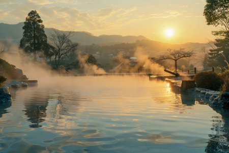 Serene Sunrise Over Misty Hot Springs with Lush Landscape and Reflective Water AI Generativeの素材