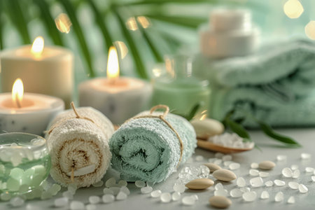 Serene Spa Day Setup with Candles, Fluffy Towels, Tropical Leaves, and Soothing Stones for Relaxation and Wellness Background AI Generativeの素材