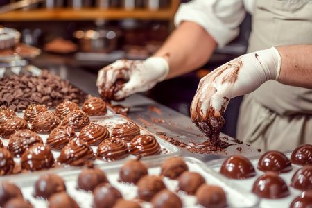 Artisan Chocolatier Handcrafting Gourmet Chocolate Truffles in a Professional Kitchen Environment AI Generativeの素材
