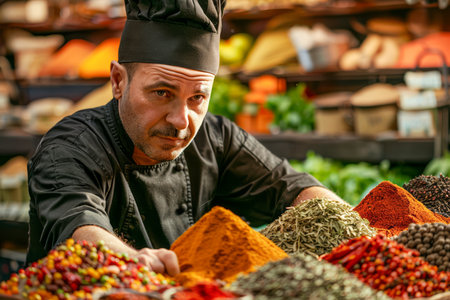 Professional Chef Inspecting an Array of Colorful Spices at a Vibrant Market Place AI Generativeの素材