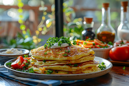 Fresh Homemade Savory Pancakes Topped with Sour Cream and Herbs on a Rustic Kitchen Table with Ingredients and Cookware Surrounding AI Generativeの素材